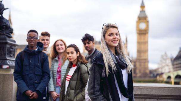 Group of young people in London near Big Ben