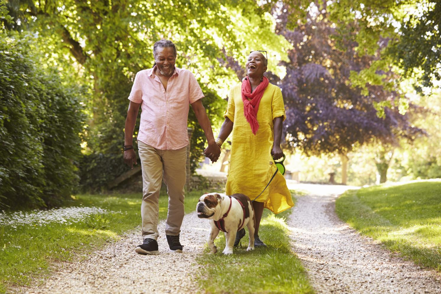 Couple walking a dog and laughing 